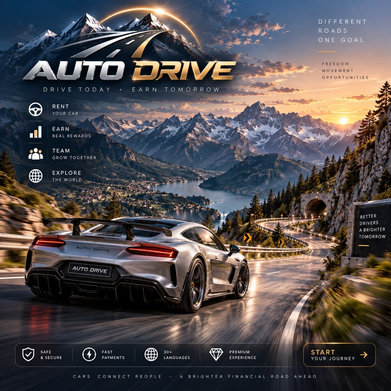 AUTO DRIVE — серебристый автомобиль на горной дороге на закате